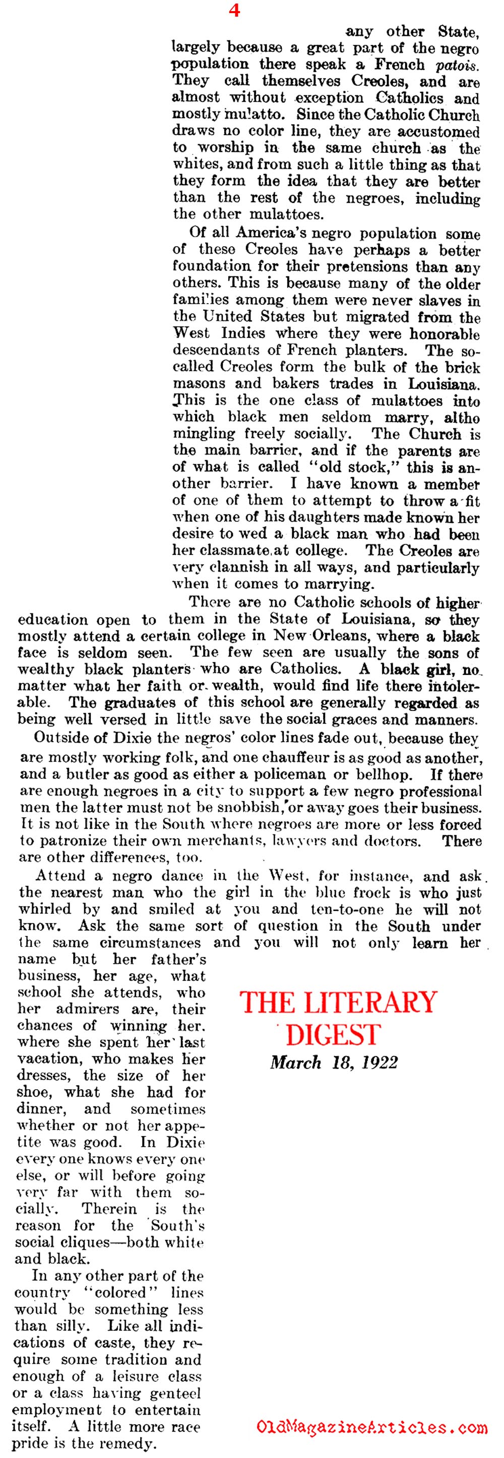 Social Differences Among the Lighter Skinned and Darker Skinned Blacks (Literary Digest, 1922)